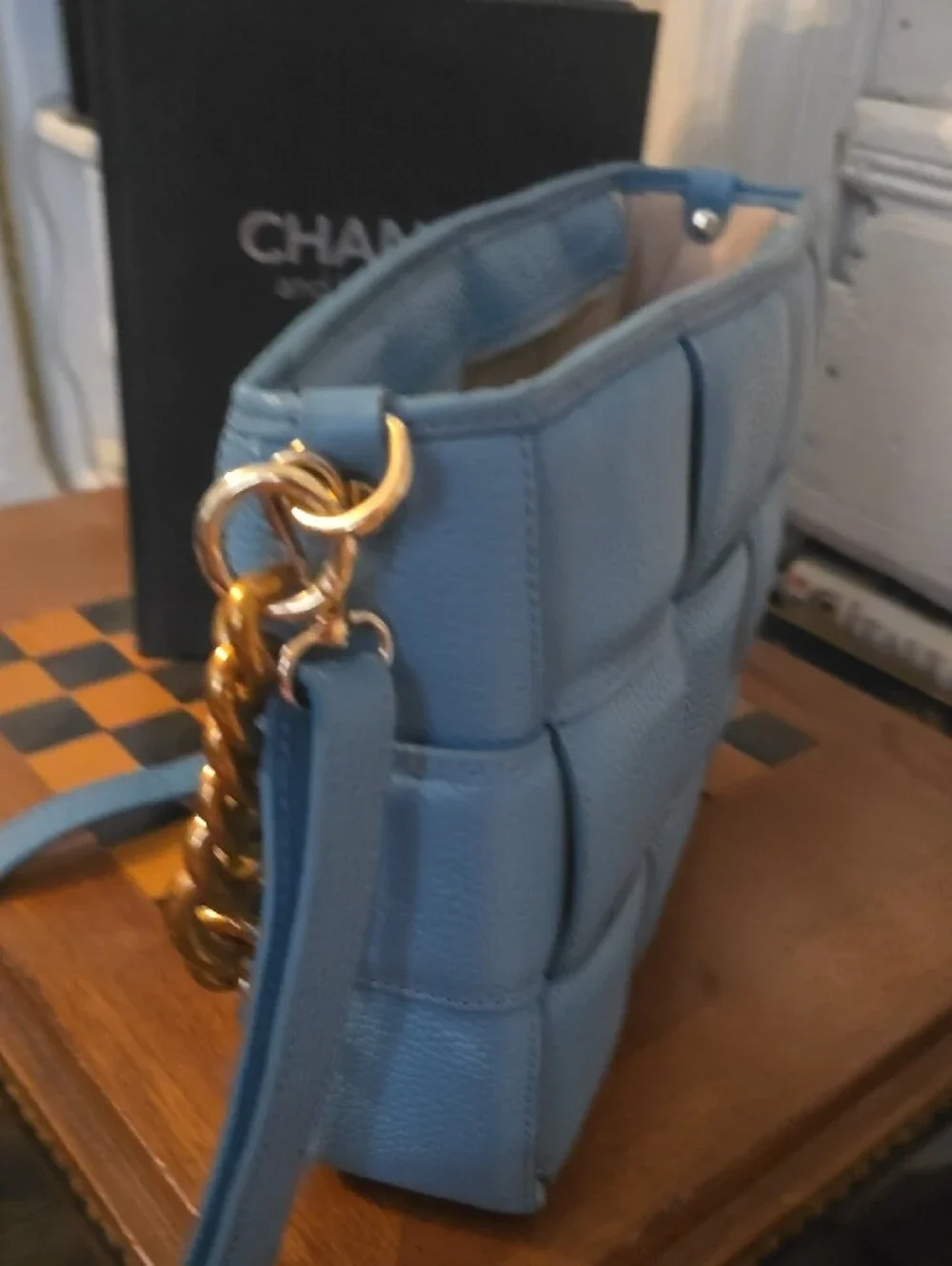 Quilted Light Blue Leather Crossbody with Gold Chain Accent